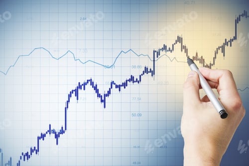 Preview: Digital Screen With Bright Blue Graphs Going Up At Business Chart Background And Man Hand Pushing