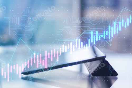Preview: Algorithmic Exchange Market Concept With Glowing Virtual Forex Chart Candlestick And Circuit At