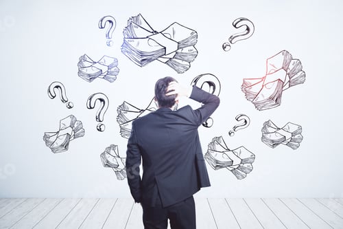 Preview: Earning Money And Business Idea Concept With Pensive Businessman Looking At White Wall With
