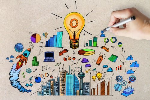 Preview: Hand Drawing Business Sketch On Concrete Wall Background. Idea And Solution Concept
