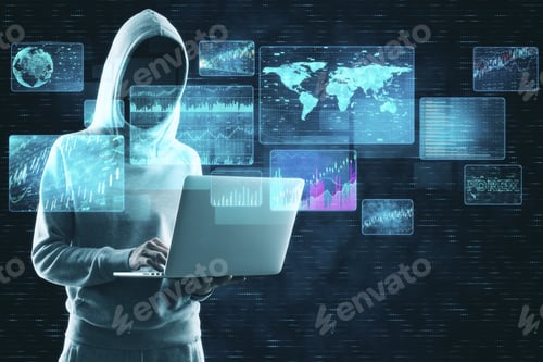 Preview: Hacker Using Laptop With Digital Business Interface. Hacking And Innovation Concept