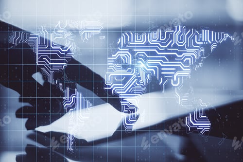 Preview: Man Finger Touching Digital Tablet Screen And Digital Display With World Map Scheme. Big Data