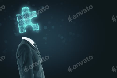 Preview: Side View Of Puzzle Headed Businessman Standing On Abstract Background With Copy Space. Teamwork
