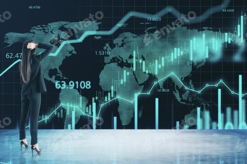 Preview: Stock Market Increase Profit Concept With Businesswoman Looking At Digital Screen With Growing Up