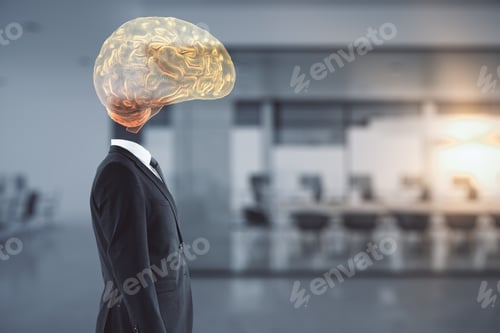 Preview: Businessman With A Brain Hologram Instead Of A Head On Blurry Office Background. Artificial