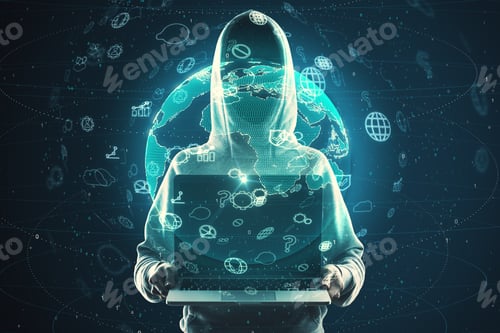 Preview: Hacker Holding Laptop With Digital Globe And Icons. Global Business And Hacking Concept