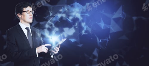 Preview: Businessman Hands Using Tablet With Abstract Glowing Polygonal Connections Interface On Dark