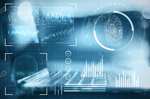 Preview: Laptop On Table With Creative Finger Print Scan Hologram On Blue Background. Id And Access Concept