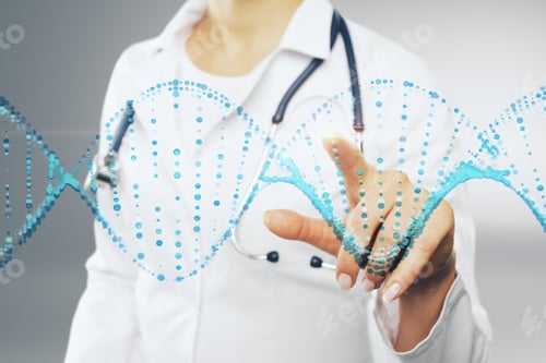 Preview: Unrecognizable Female Doctor Pointing At Abstract Blue Dna. Medicine Concept