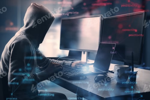 Preview: Side View Of Hacker At Desktop Using Computers With Creative Process Stages Mesh On Blurry Office