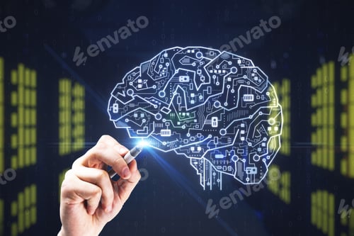 Preview: Hand With Creative Circuit Brain On Blurry Server Room Background. Artificial Intelligence And