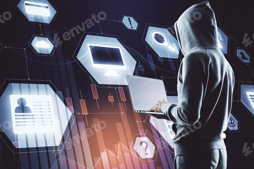 Preview: Hacker Holding Laptop With Digital Business Interface. Cloud Computing And Hud Concept