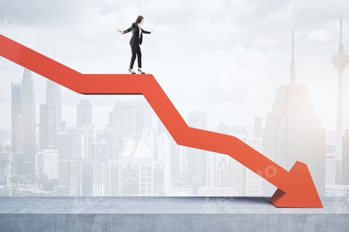 Preview: Businesswoman Standing And Balancing On Abstract Red Downward Chart Arrow On Light City Background