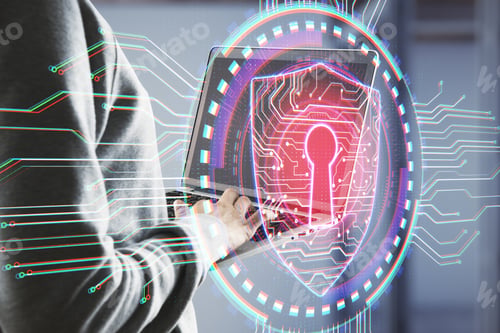 Preview: Hacker Using Laptop With Antivirus Shield Hologram. Web Safety And Protection Concept. Double