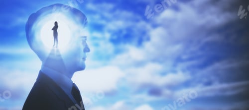 Preview: Businessman Thinking About Businesswoman On Abstract Sky Background With Mock Up Place. Double