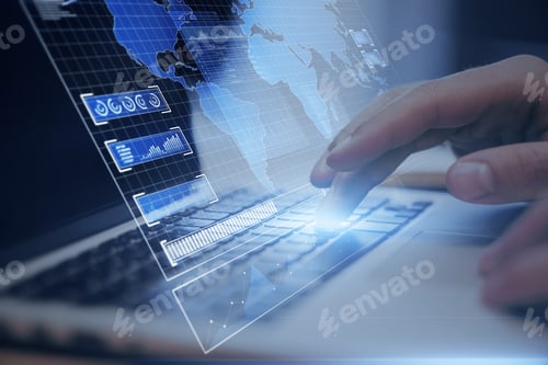Preview: Close Up Of Businessman Hand Using Laptop Computer Keyboard With Creative Blue Radar Map Interface