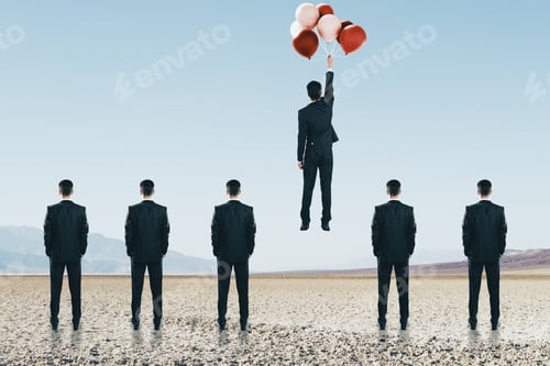 Preview: Businessmen Looking At Man Flying With Balloons. Freedom And Teamwork Concept