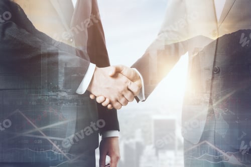 Preview: Handshake On Abstract City Background With Forex Chart And Sunlight. Deal Concept. Double Exposure