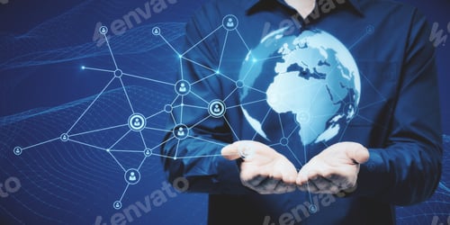 Preview: Businessman Holding Glowing Globe Hologram With Polygonal Mesh On Blue Background. Global Network
