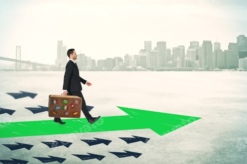 Preview: Side View Of Young Businessman With Travel Briefcase Following Drawn Arrows On Light City