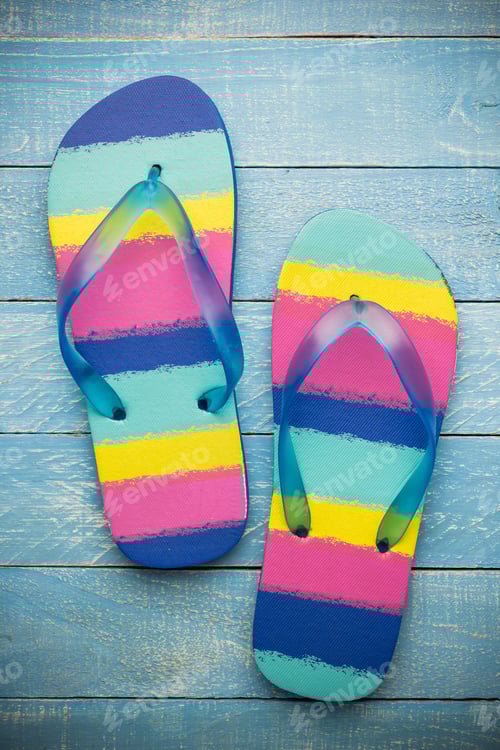 Preview: Colorful Beach Flip Flop On Wooden Background