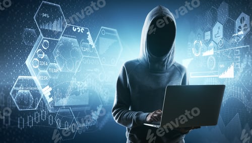 Preview: Hacker Using Laptop With Glowing Digital Interface. Security And Malware Concept.