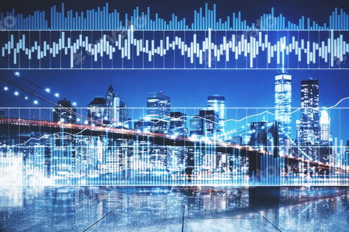 Preview: Forex Chart On Night City Background. Trade And Investment Concept. Double Exposure