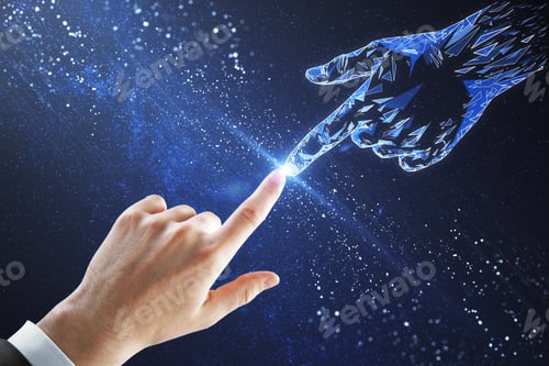 Preview: Polygonal Businessman Hand Pointing On Sky Background. Future And Innovation Concept