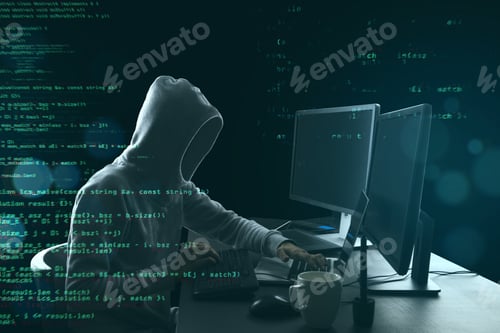 Preview: Hacker Using Computer With Html Code. Malware And Programming Concept. Double Exposure