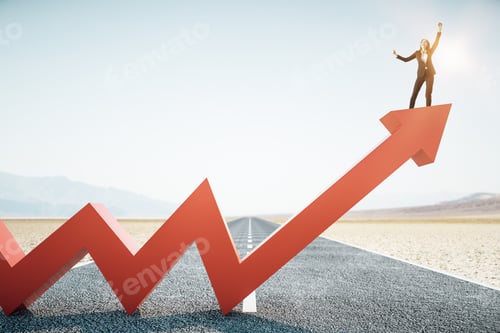 Preview: Happy Businesswoman Standing On Upward Red Arrow On Abstract Road And Desert Background. Growth