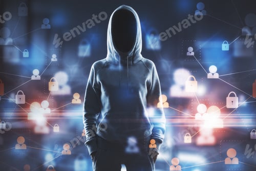 Preview: Cyber Security Concept With No Face Hacker And Digital Screen With Security Symbols And Lock Icons