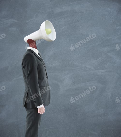 Preview: Loud Speaker Headed Businessman On Chalkboard Background. Communication, Voice And Power Concept