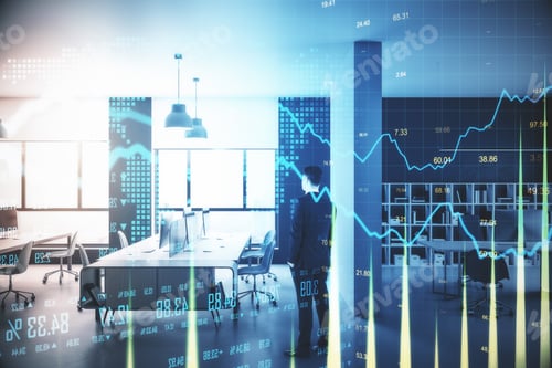 Preview: Businessman Standing In Panoramic Office With Digital Charts On Virtual Screen. Success And Trade