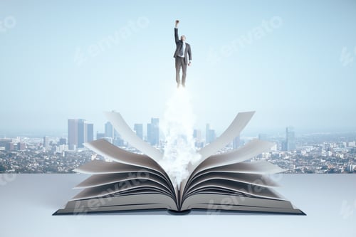 Preview: Businessman In Suit Flies Over Book Pile. City Skyline Background. Future And Vision Concept