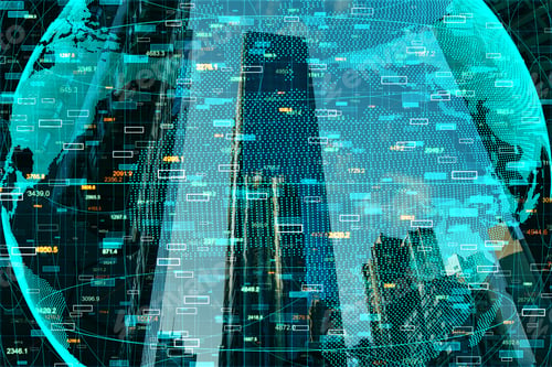 Preview: Creative Digital Globe With Forex Chart On Blurry City Background With Skyscraper. Global Trade And