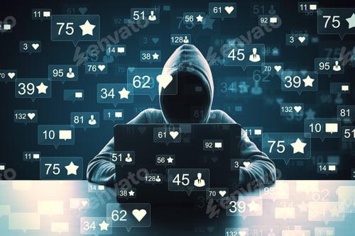 Preview: Hacker Using Computer With Social Media Icons. Hacking And Communication Concept. Double Exposure