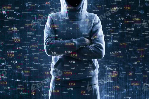 Preview: Hacker With Folded Amrs Standing On Abstract Binary Code Background. Hacking And Trade Concept
