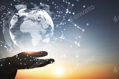 Preview: Close Up Of Backlit Hand Holding Abstract Glowing Polygonal Globe On Blurry Sunset Background With