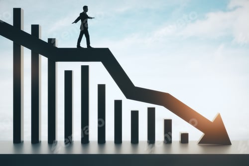 Preview: Backlit Businessman Balancing On Abstract Black Downward Chart Arrow On Light Sky With Clouds And