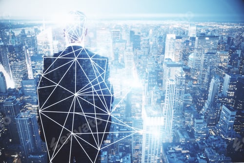 Preview: Back View Of Young Businessman With Polygonal Pattern On Abstract City Background. Tech Concept