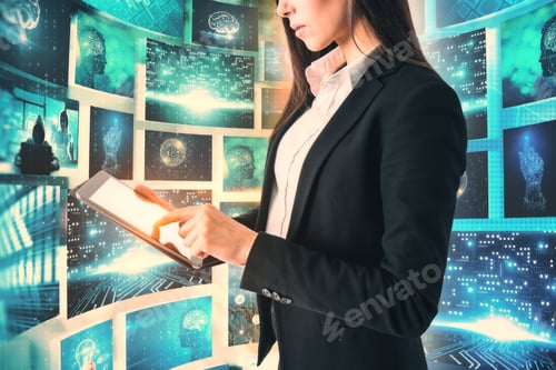 Preview: Businesswoman Using Tablet With Abstract Digital Business Picture Interface. Innovation And Media