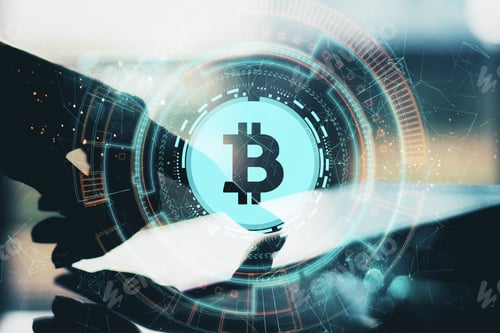 Preview: Close Up Of Hand Using Tablet With Creative Digital Bitcoin Sign On Blurry Background. Online