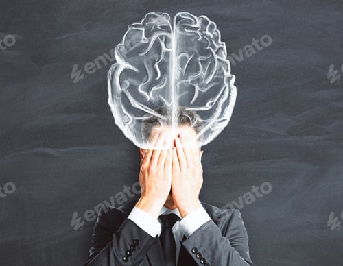 Preview: Stressed Businessman With Drawn Brain On Chalkboard Background. Brainstorming Concept