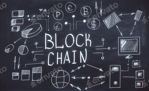 Preview: Creative Blockchain Sketch On Chalkboard Wall Background. Technology And Cryptocurrency Concept