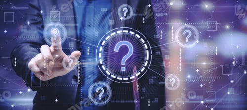 Preview: Businessman Hand Pointing At Creative Glowing Question Marks Interface On Blurry Background
