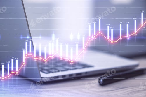 Preview: Laptop On Table With Business Charts And Stock Data. Business Trading Concept. Mock Up.