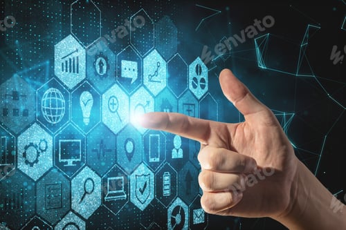 Preview: Hand Touching Abstract Global Business Interface. Server And Technology Concept