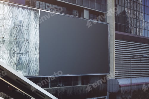 Preview: Side View Of Empty Black Billboard On Building. Advertisement, Ad And Commercial Concept. Mock Up