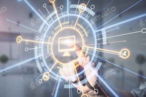Preview: Cloud Technology System Concept With Human Finger On Digital Screen With Cloud Sign And Internet