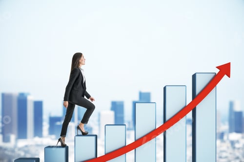 Preview: Businesswoman Rises On Success Chart With Red Arrow On City Background. Success And Startup Concept.